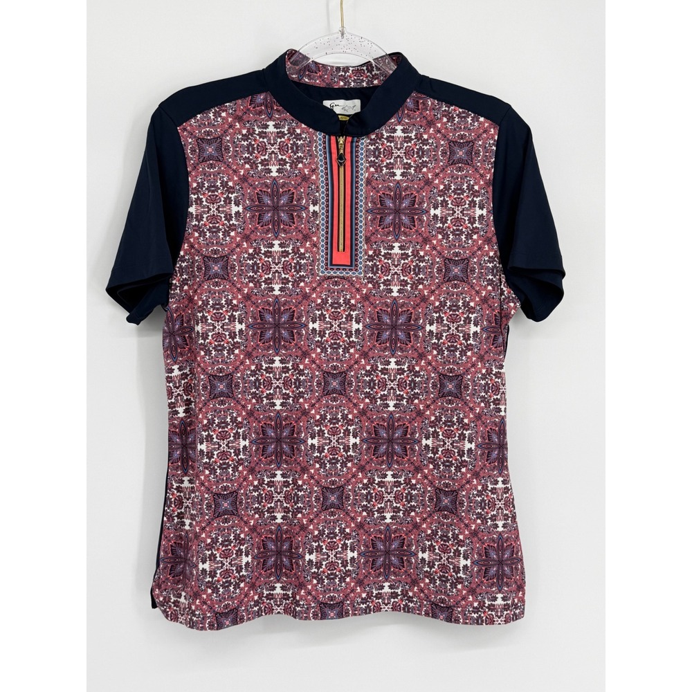 Greg Norman Womens Golf Polo Shirt Navy Red Paisley Medallion Quarter Zip Size L